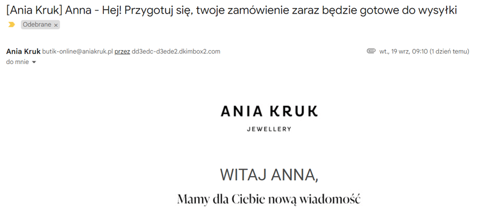 przykłąd personalizacji wiadomości e-mail Ania Kruk