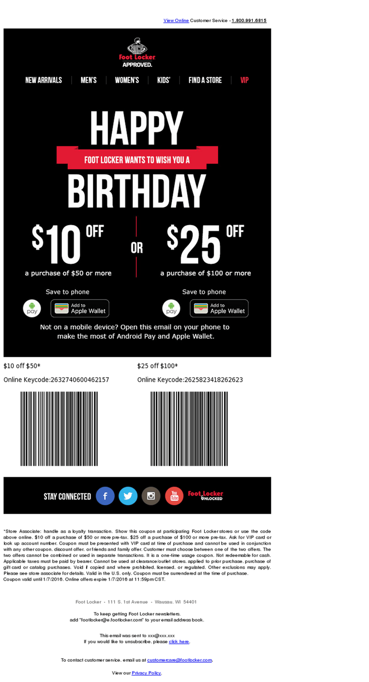e-mail z rabatem na urodziny - przykład Foot Locker