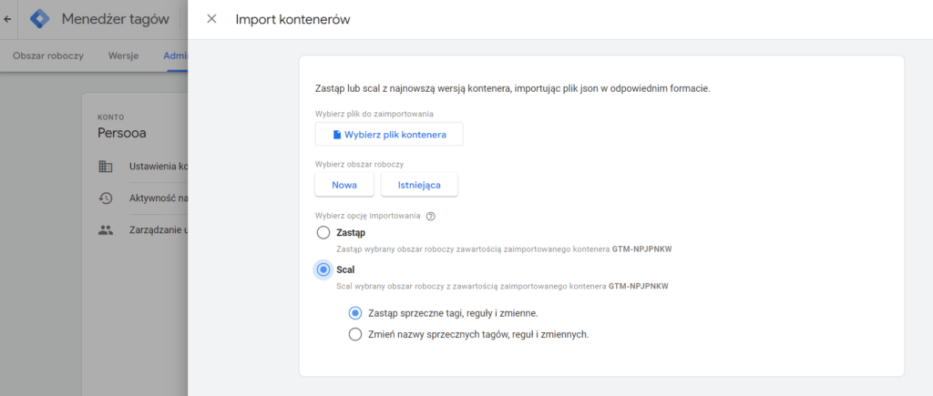 import kontenerów GTM
