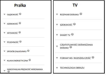 Optymalizacja strony z wynikami wyszukiwania - Wybieranie  cech produktu - Nawigacja aspektowa