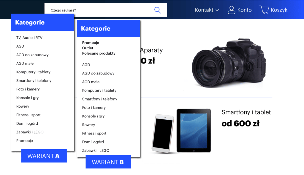 testy A/B różne sposoby ułożenia menu