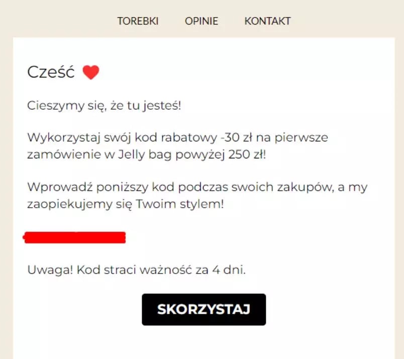 kod rabatowy na pierwsze zakupy przykład