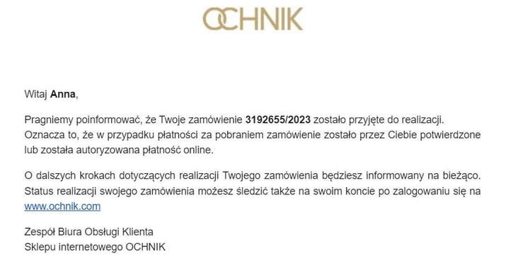 OCHNIK wiadomość e-mail potwierdzająca personalizowana